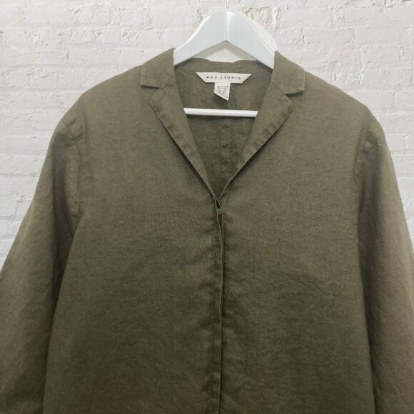 Max Studio Shirt Size M 100% Linen Olive Green Button Front 3/4 Sleeve - Picture 4 of 13